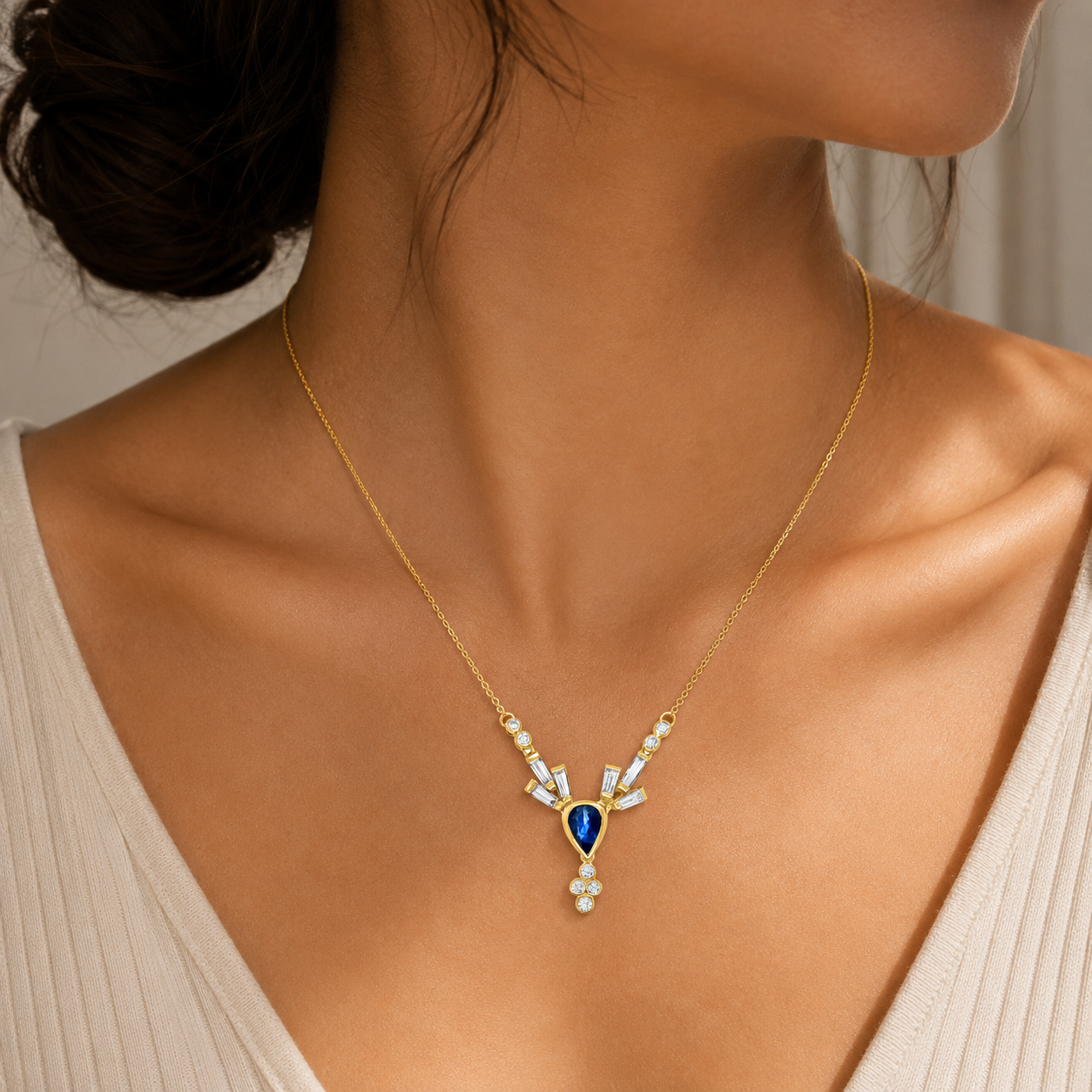 14K Yellow Gold Blue Sapphire Baguette Diamond Necklace