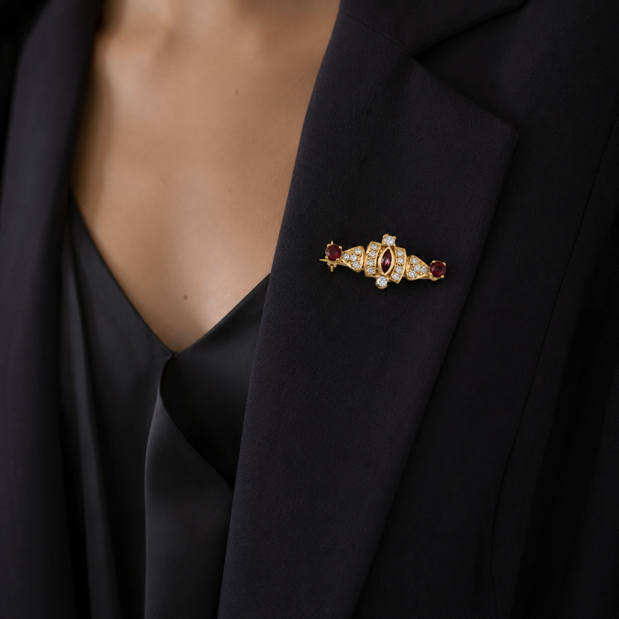 18K Yellow Gold Diamond and Ruby Vintage Brooch