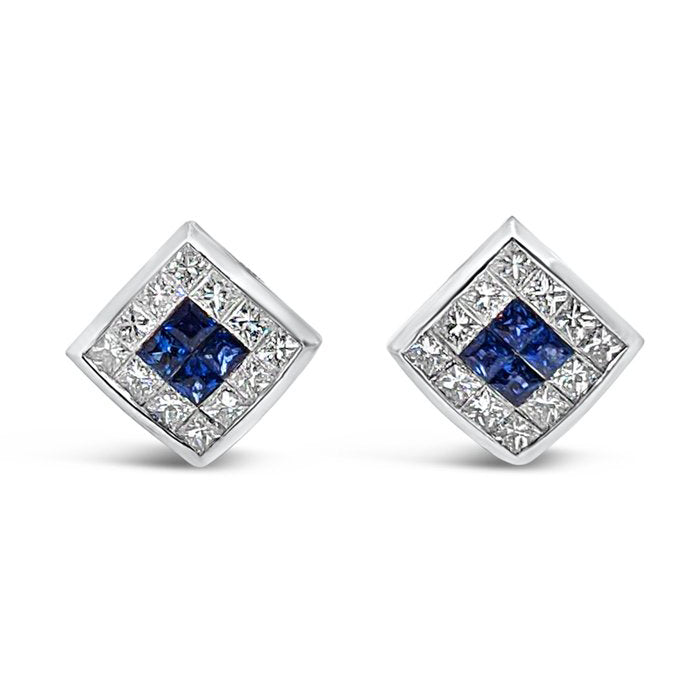 18K White Gold Diamond Natural Blue Sapphire Vintage Earrings