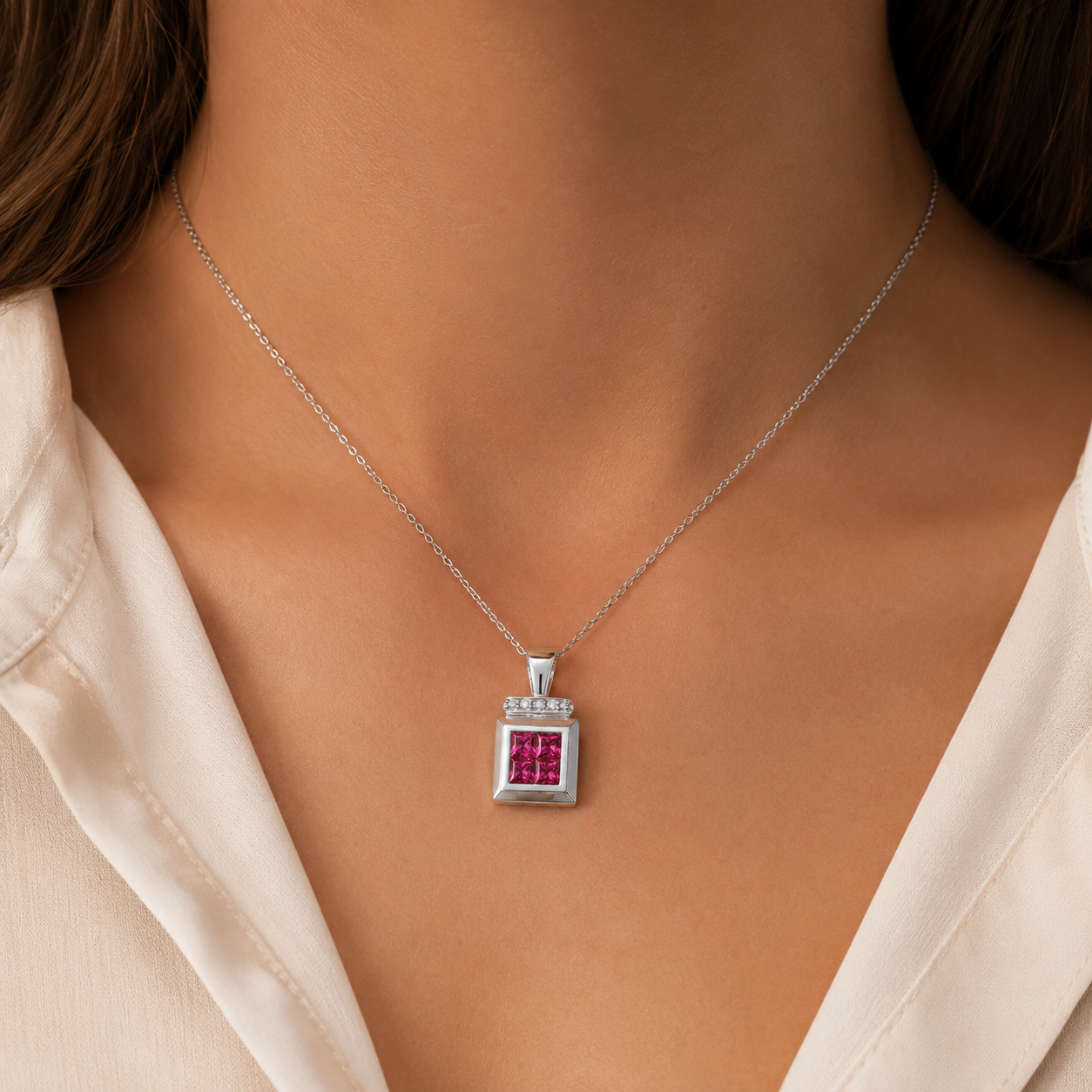 18K White Gold Diamond Natural Ruby Pendant