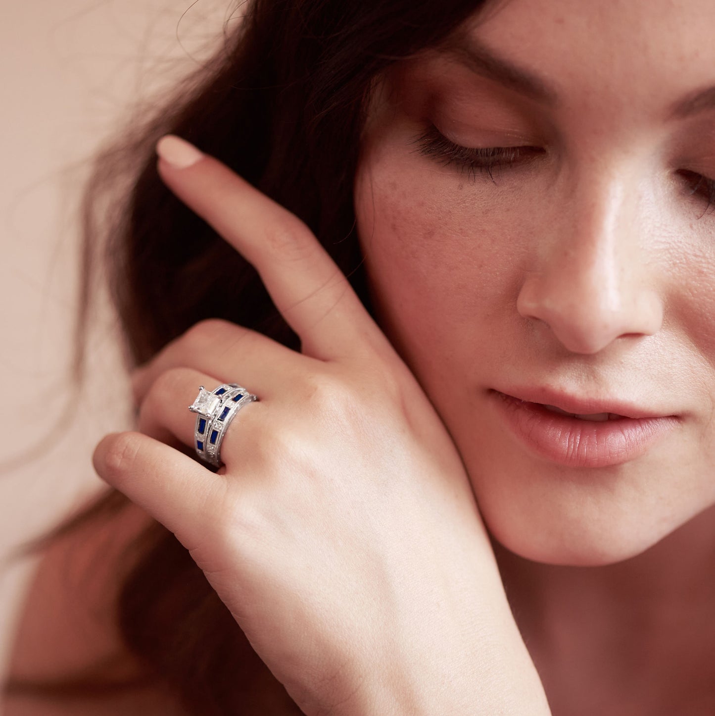 Pink Sapphire Baguette Engraved Cathedral Diamond Engagement Ring