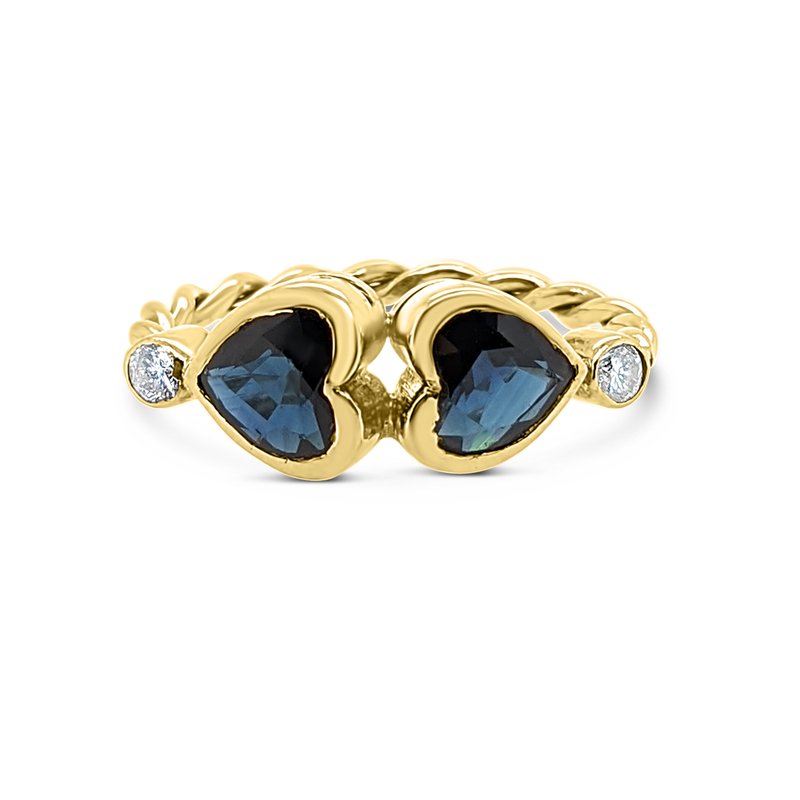 14K Yellow Gold Diamond Natural Blue Heart Sapphire Twist Ring