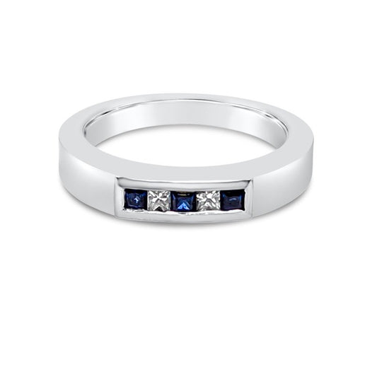 14K White Gold Diamond Natural Blue Sapphire Band