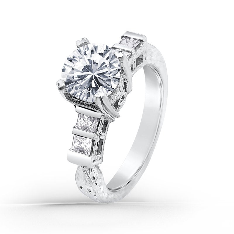 Platinum Hand Engraved Princess Diamond Engagement Ring