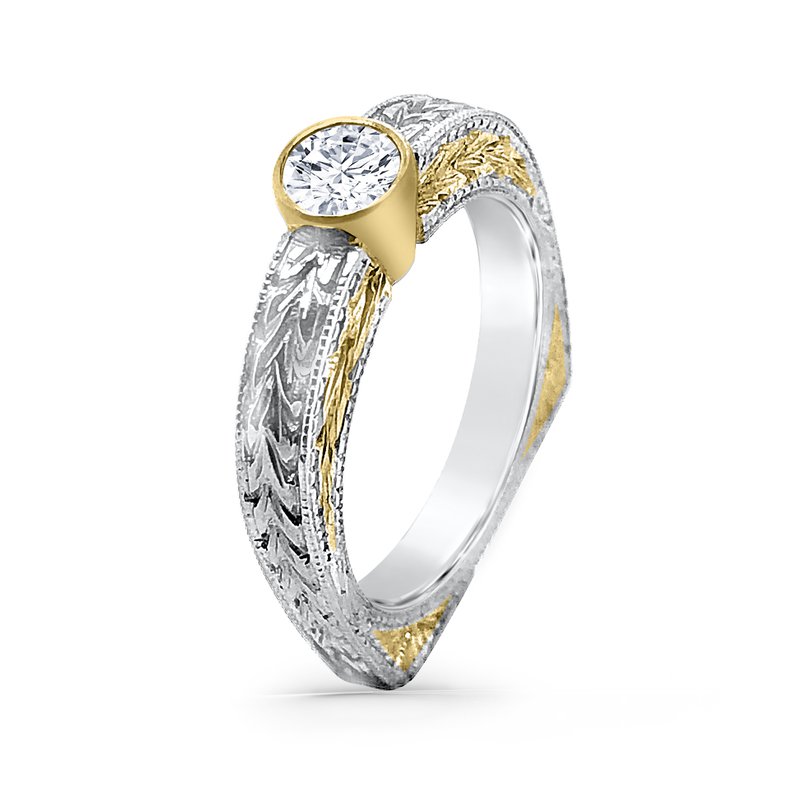 Platinum Two Tone Engraved Bezel Engagement Ring