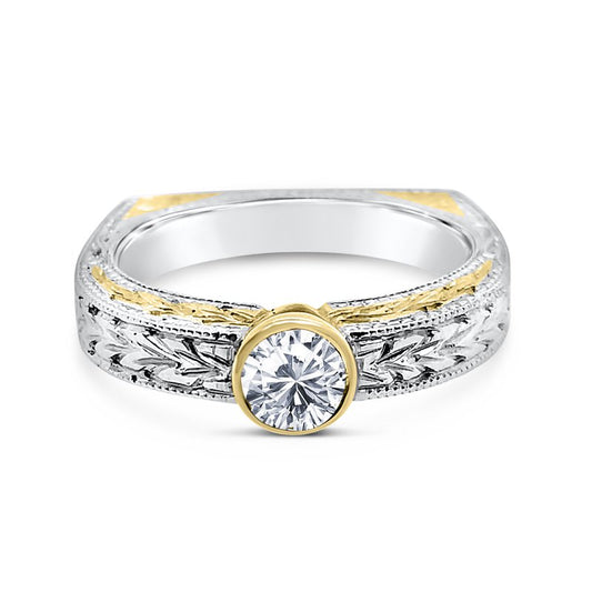 Platinum Two Tone Engraved Bezel Engagement Ring