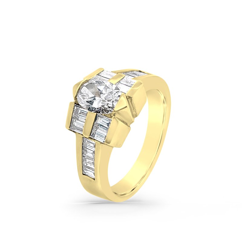 18K Yellow Gold Diamond Baguette Retro Vintage Ring