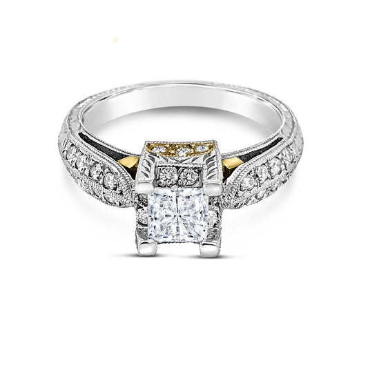 18k White and Yellow Gold Modern Vintage Engraved Ring