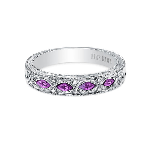 Amethyst Diamond Engraved Floral Wedding  Band