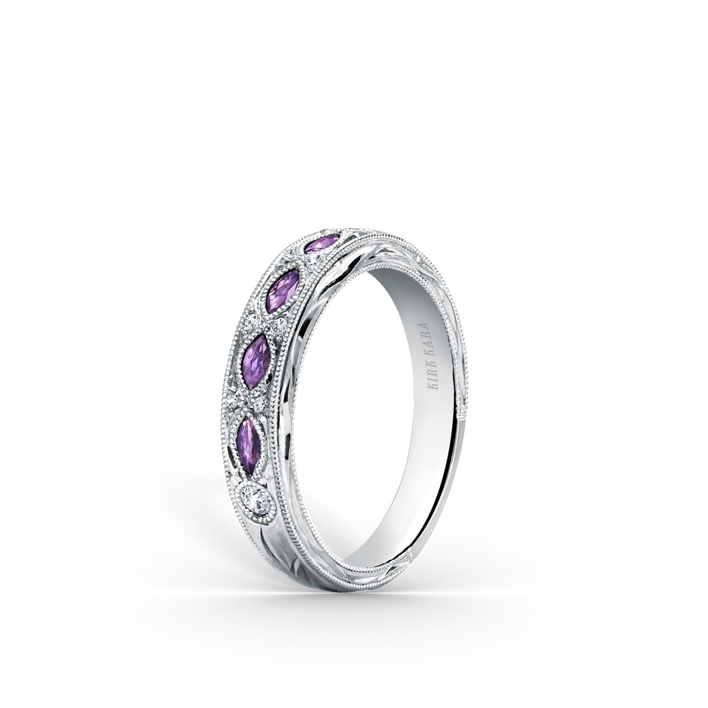 Amethyst Diamond Engraved Floral Wedding  Band