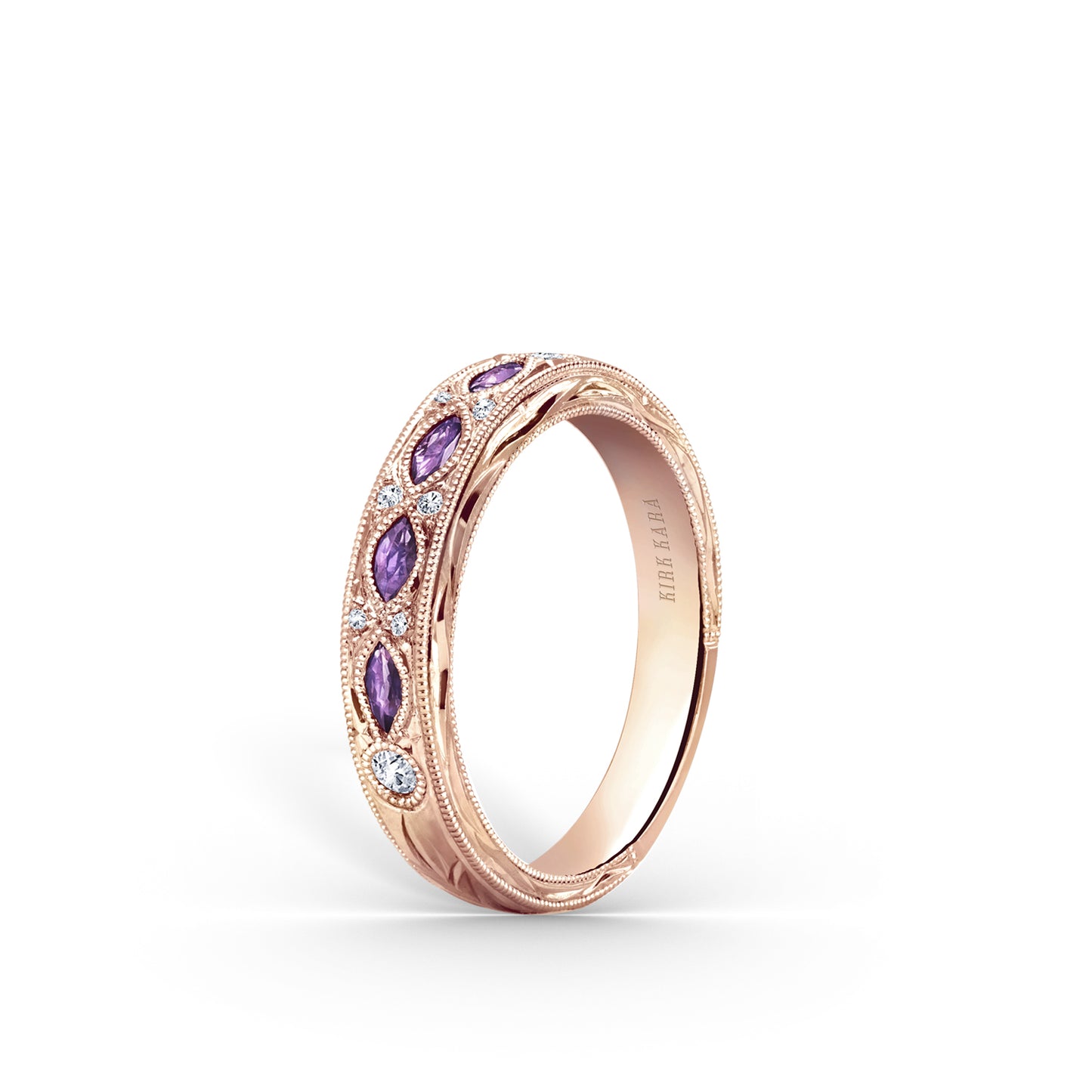 Amethyst Diamond Engraved Floral Wedding  Band