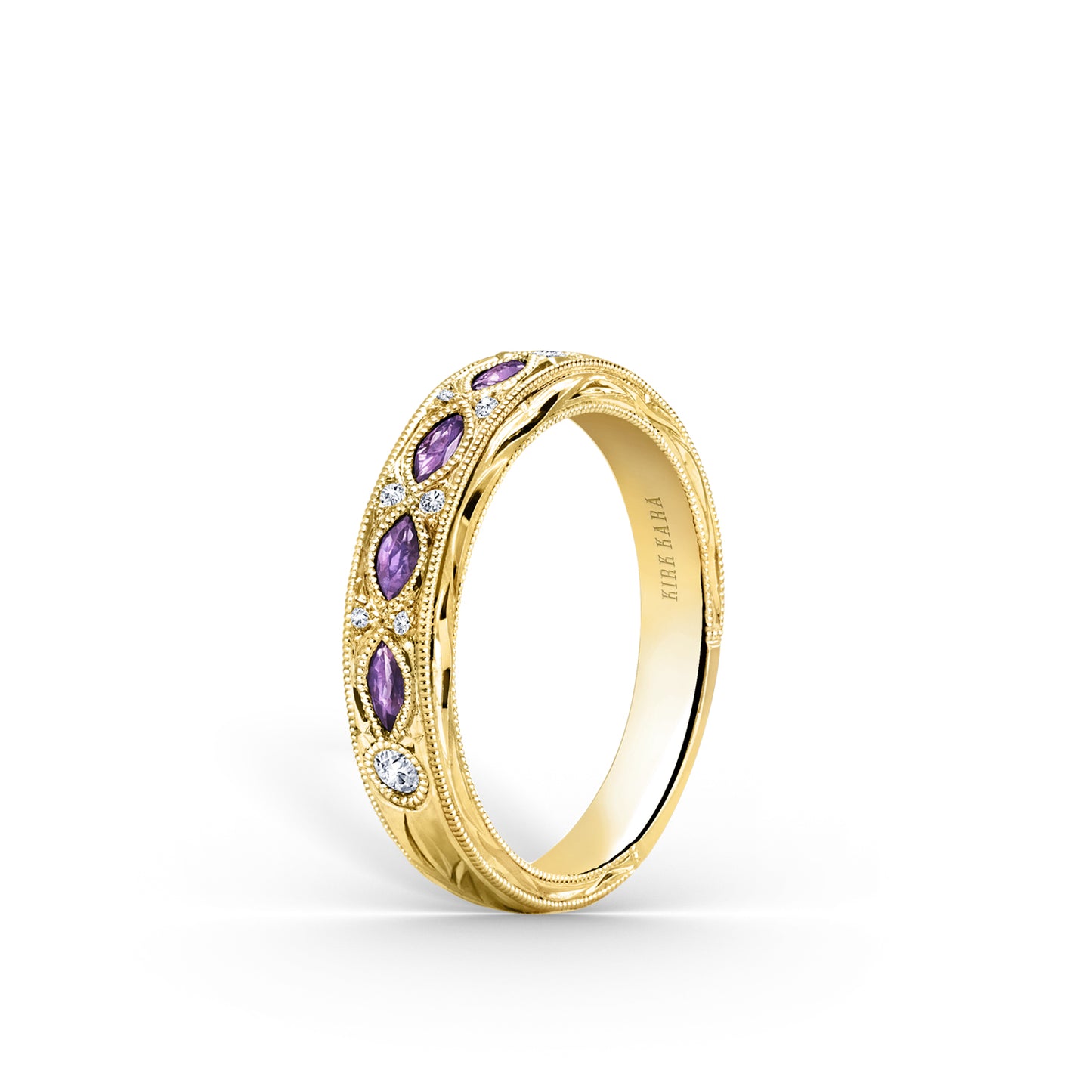 Amethyst Diamond Engraved Floral Wedding  Band