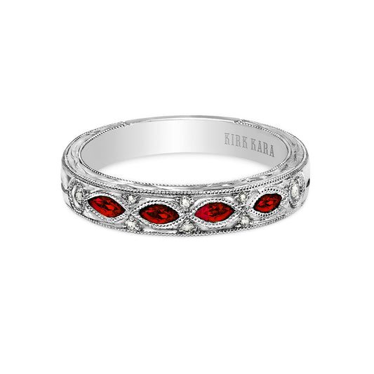 Engraved Ruby Floral Diamond Wedding Band