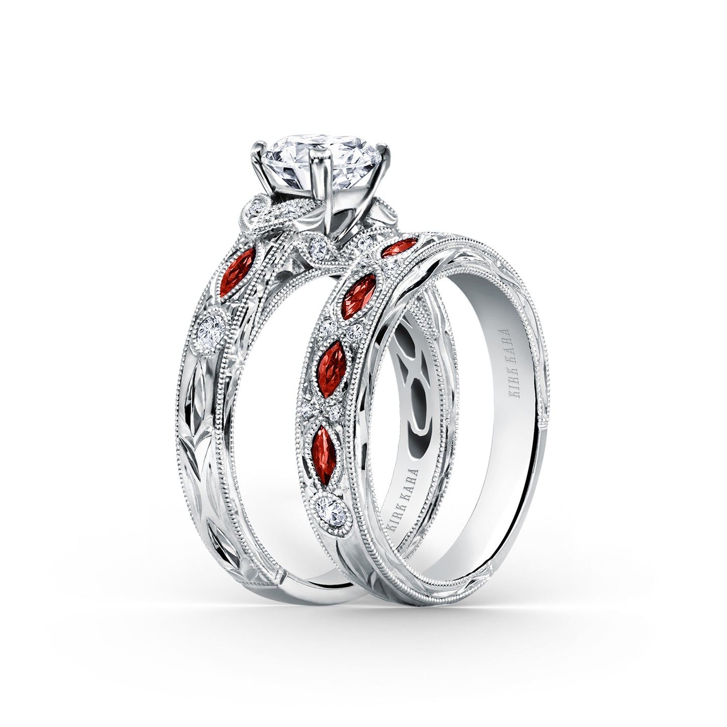 Ruby Floral Diamond Engraved Engagement Ring