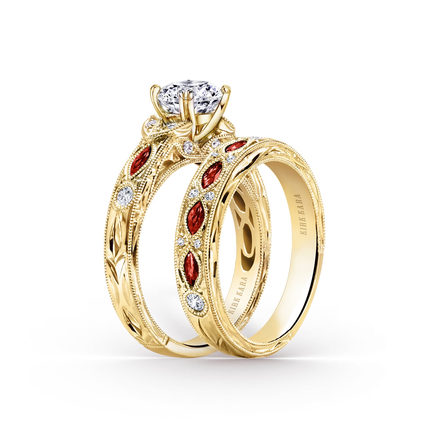 Ruby Floral Diamond Engraved Engagement Ring