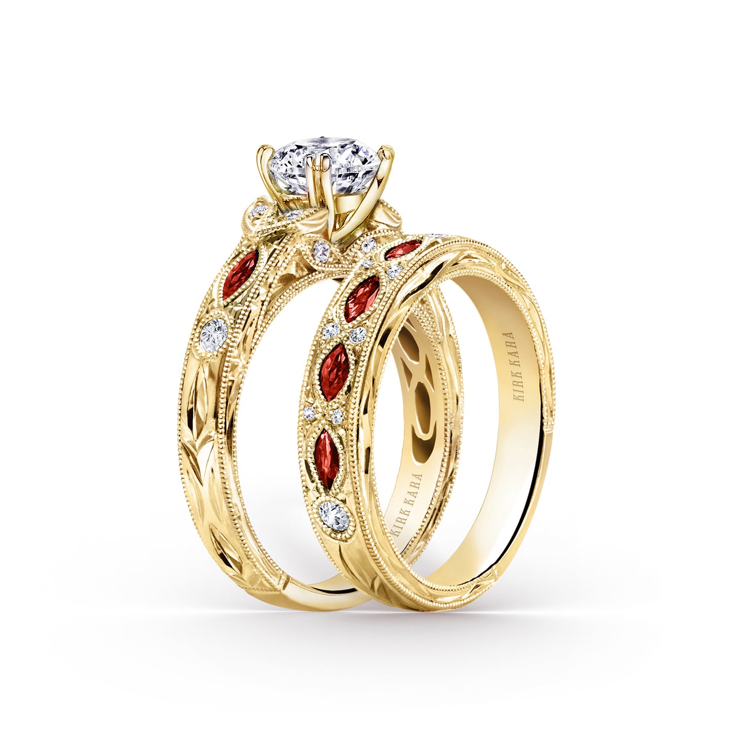 Engraved Ruby Floral Diamond Wedding Band