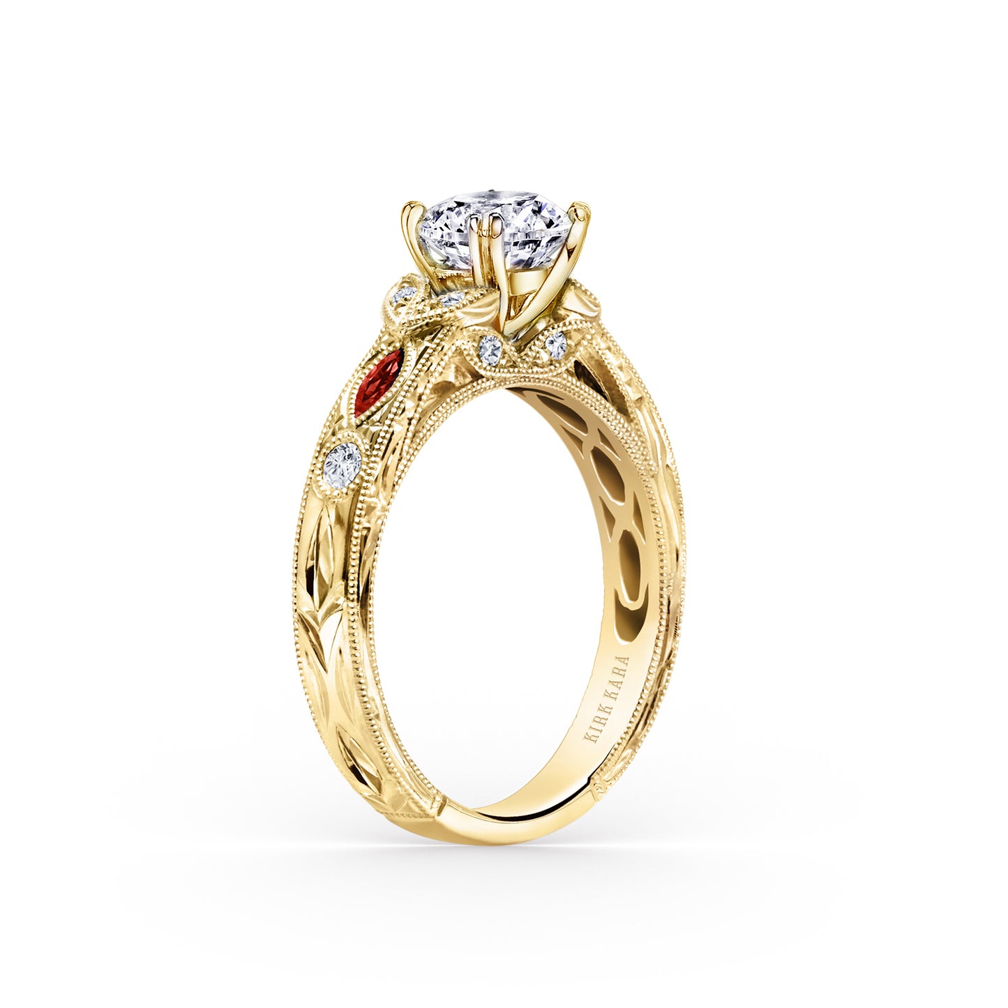 Ruby Floral Diamond Engraved Engagement Ring