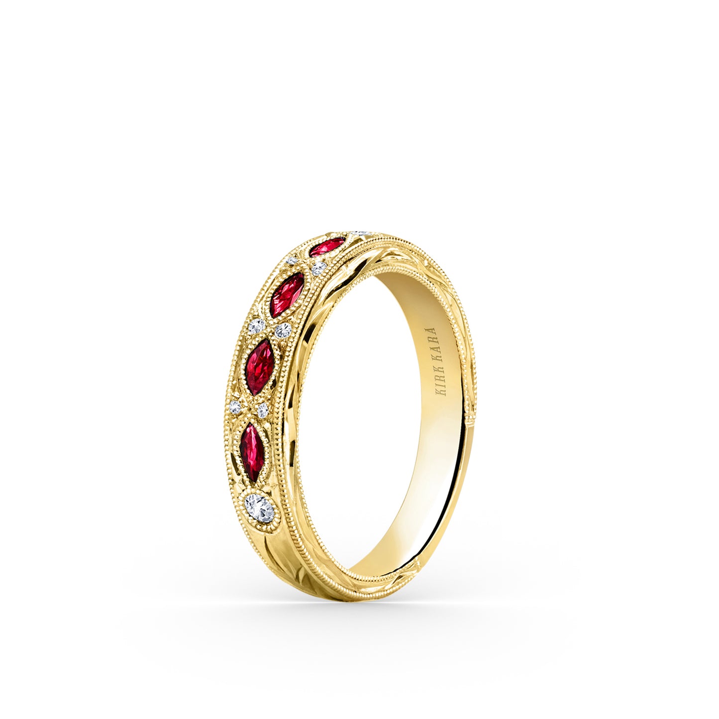 Engraved Ruby Floral Diamond Wedding Band