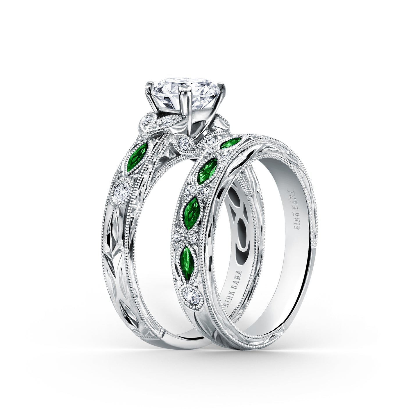 Tsavorite Floral Diamond Engraved Engagement Ring