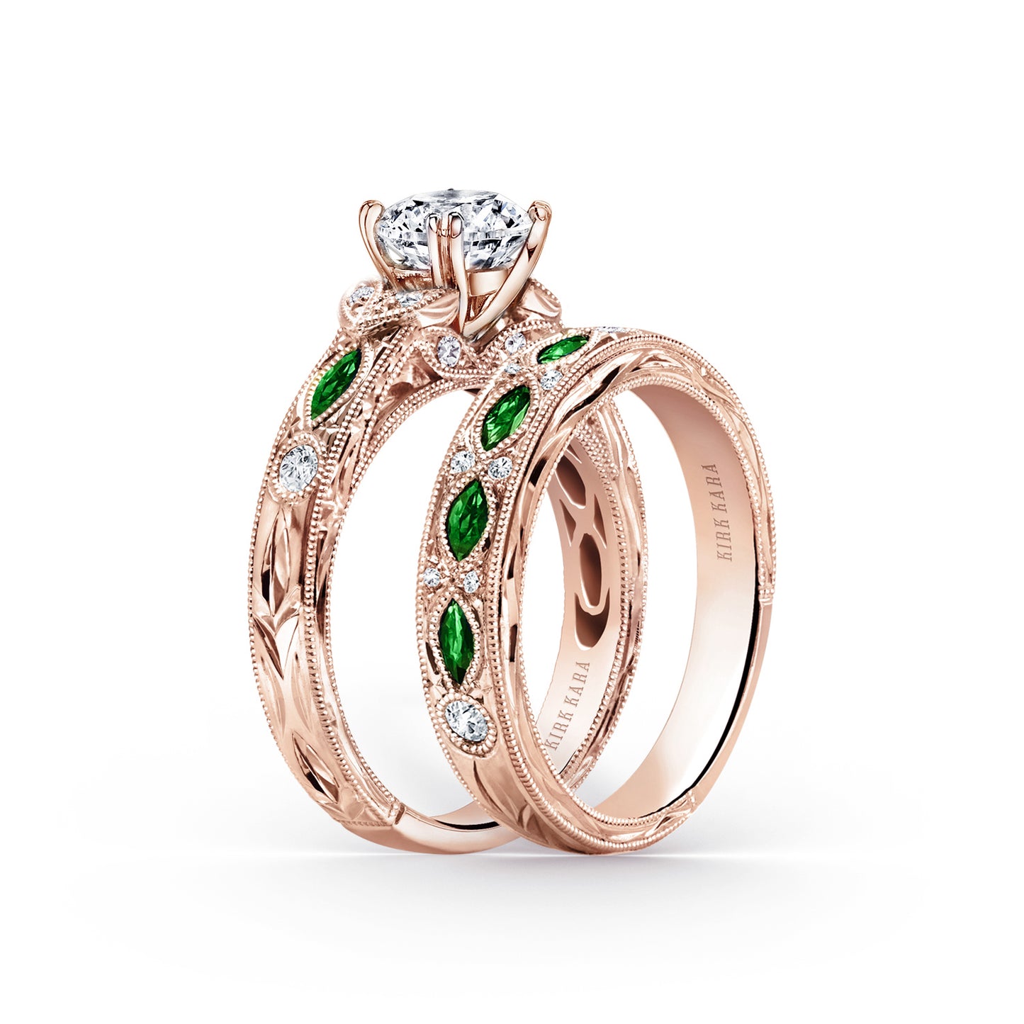 Tsavorite Floral Diamond Engraved Engagement Ring