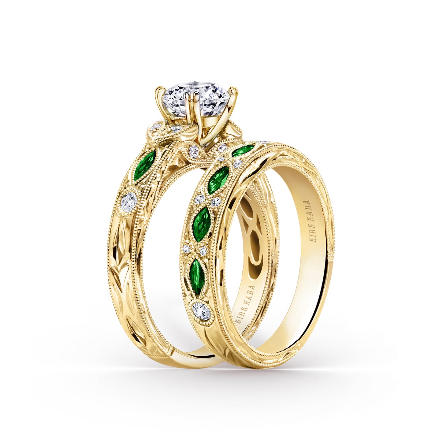 Tsavorite Floral Diamond Engraved Engagement Ring