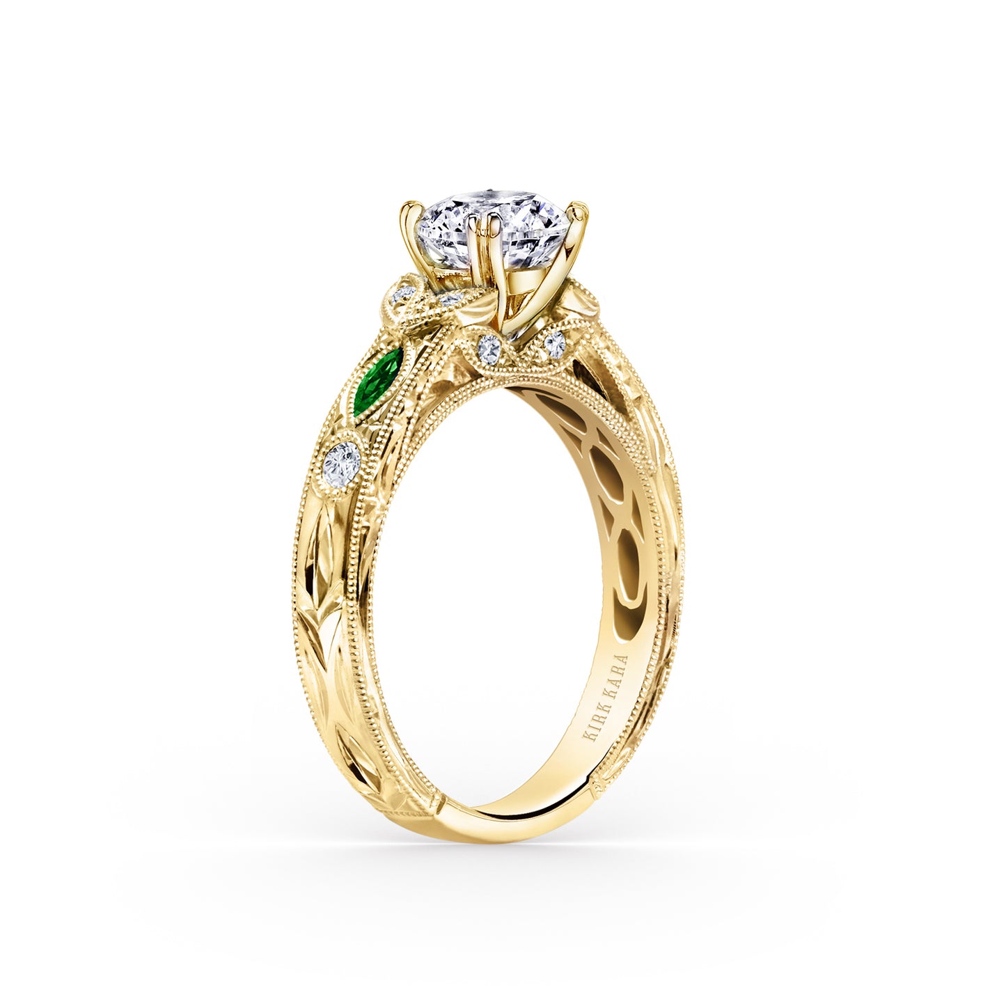 Tsavorite Floral Diamond Engraved Engagement Ring