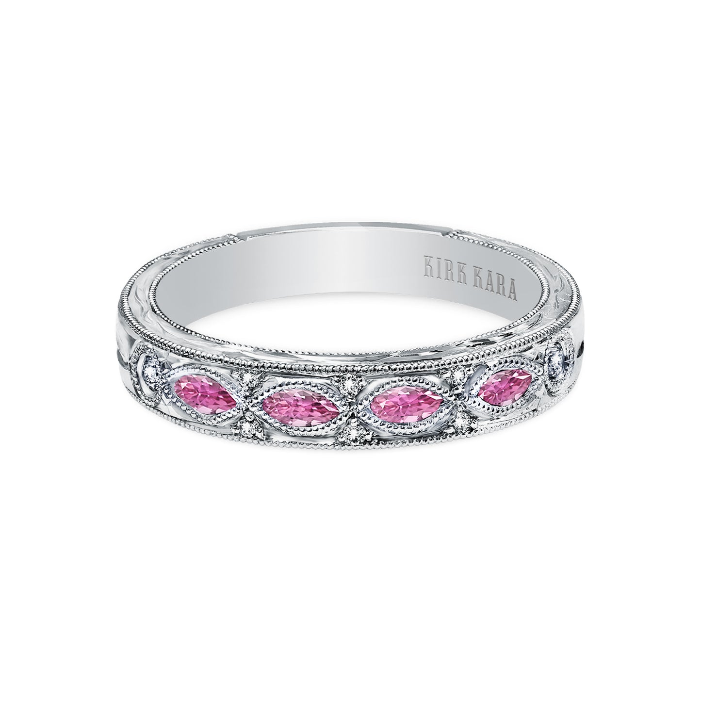 Pink Sapphire Diamond Engraved Wedding Band