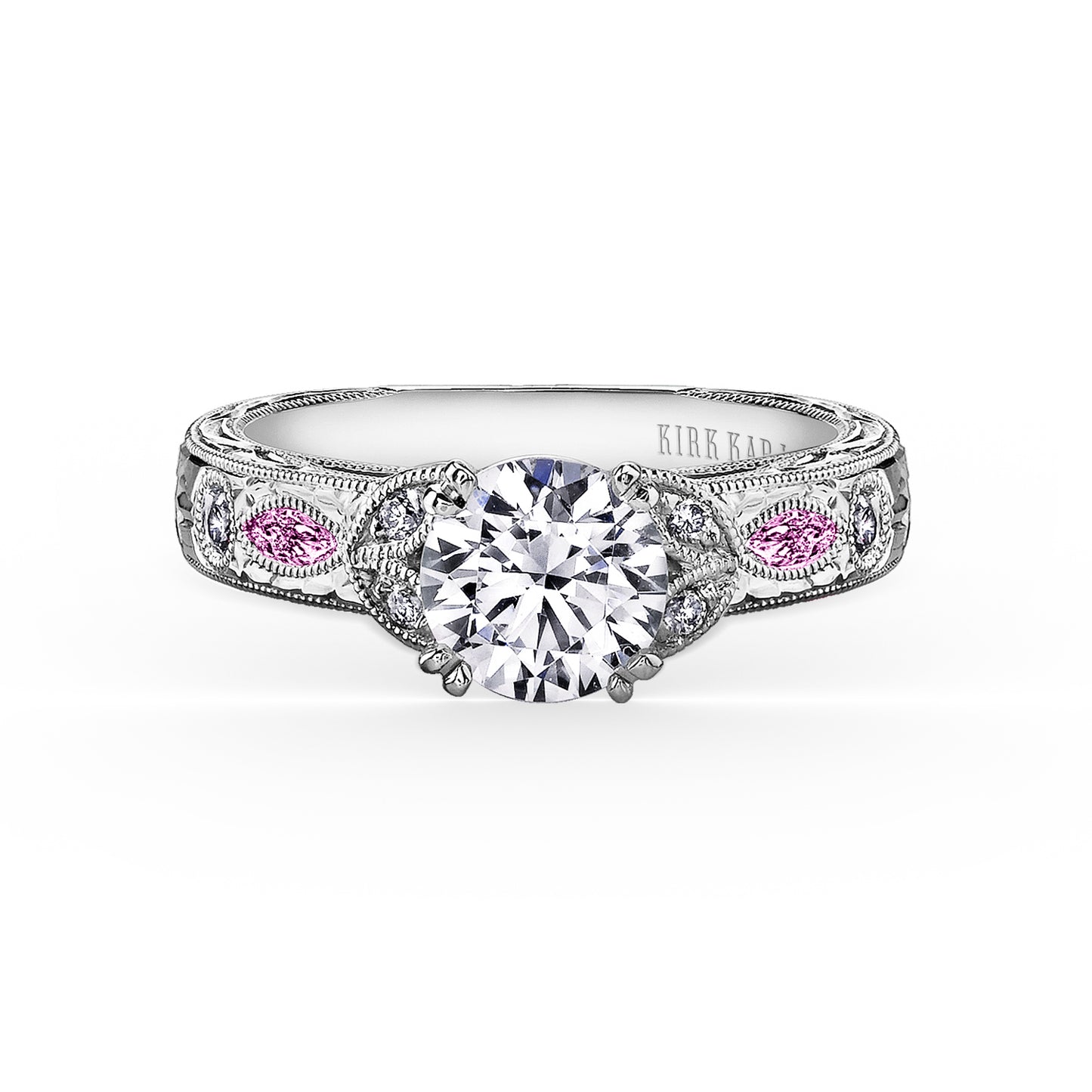 Pink Sapphire Diamond Engraved Engagement Ring