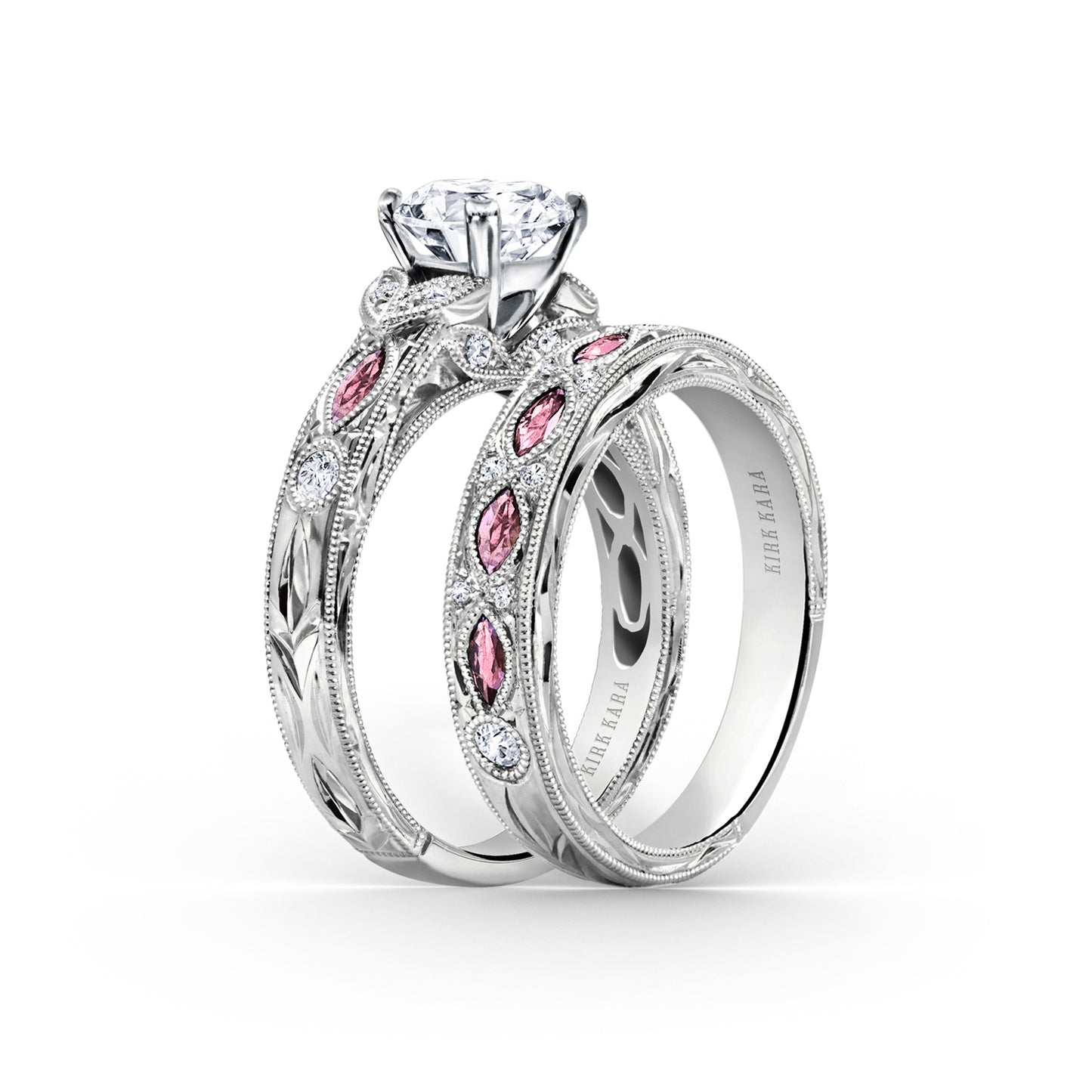 Pink Sapphire Diamond Engraved Wedding Band