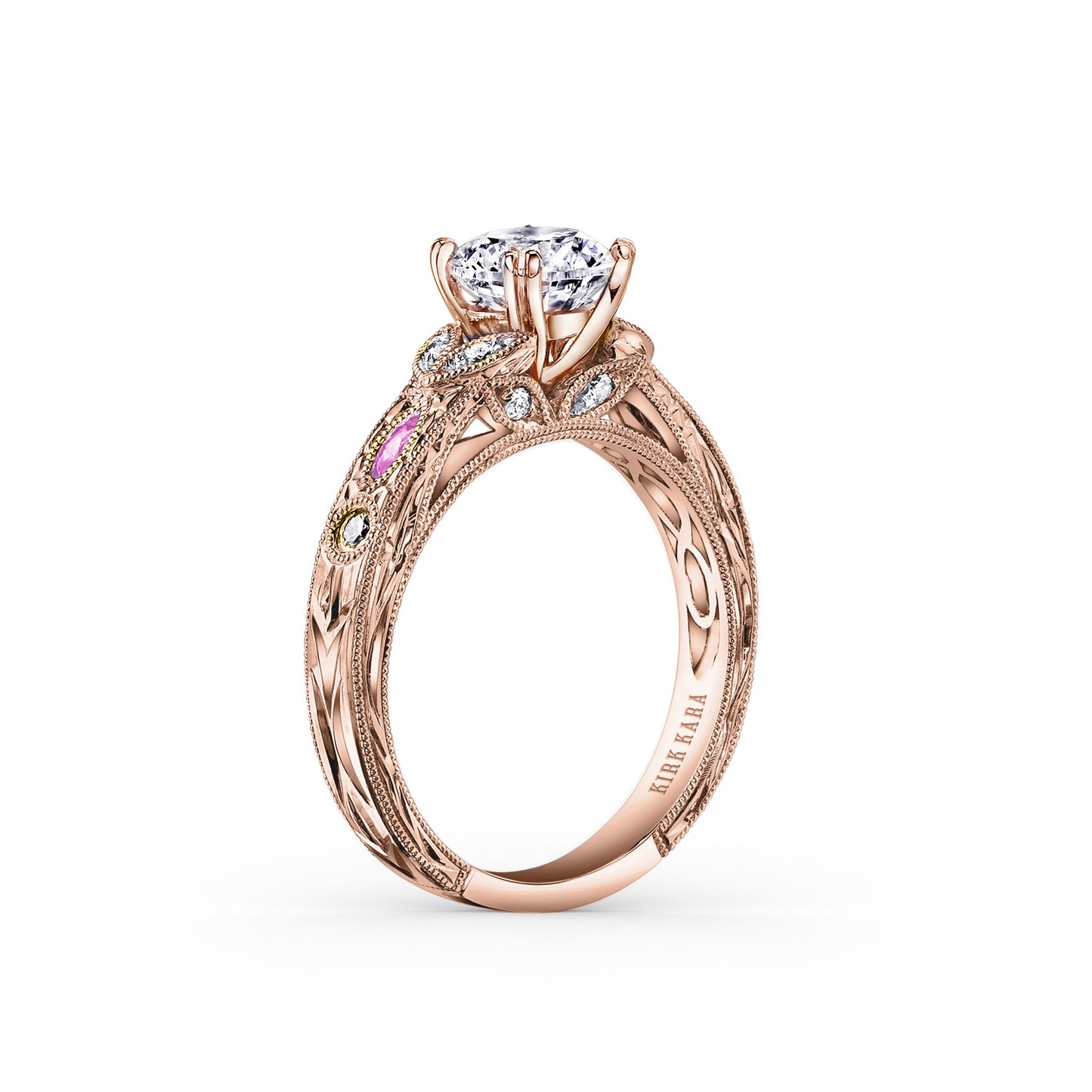 Pink Sapphire Diamond Engraved Engagement Ring