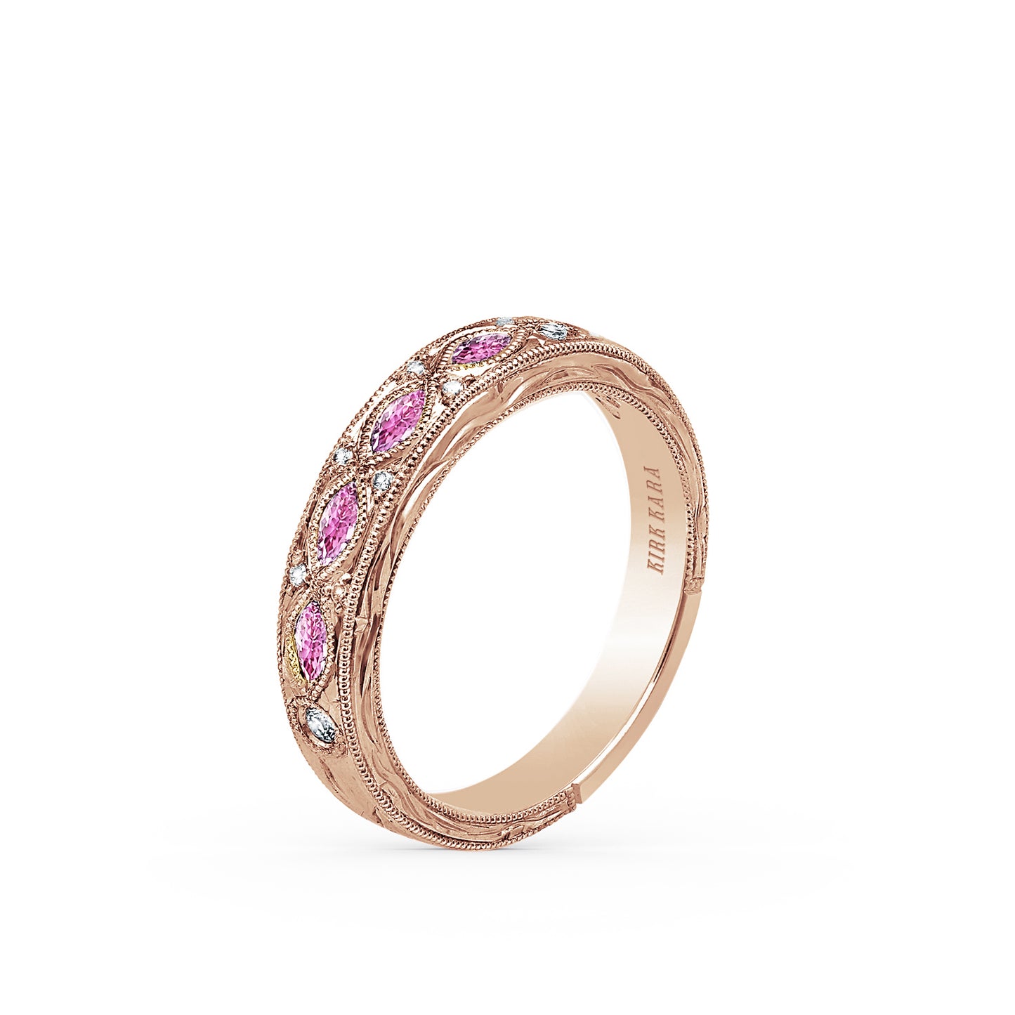 Pink Sapphire Diamond Engraved Wedding Band