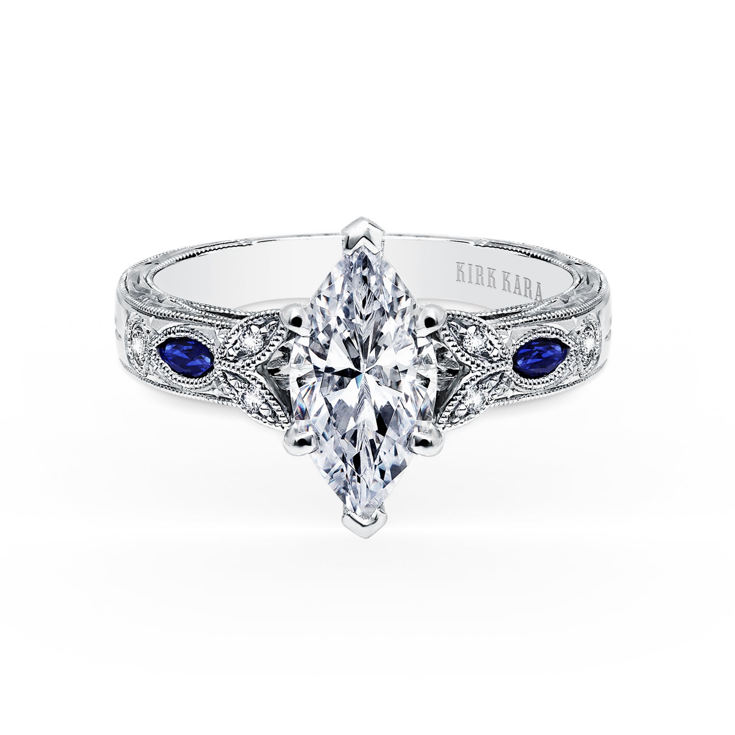 Sapphire Floral Diamond Engraved Engagement Ring