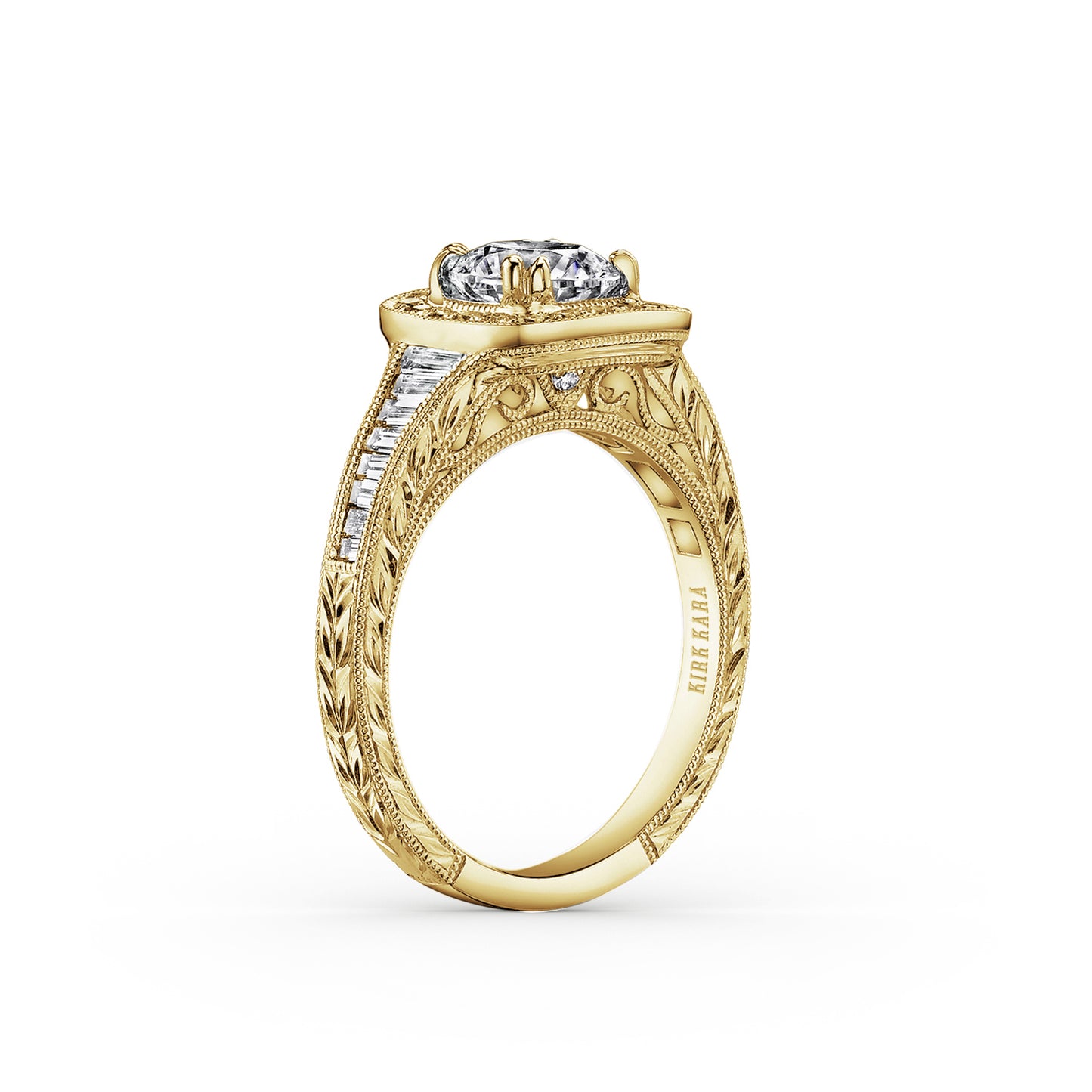 Baguette Halo Diamond Engraved  Engagement Ring