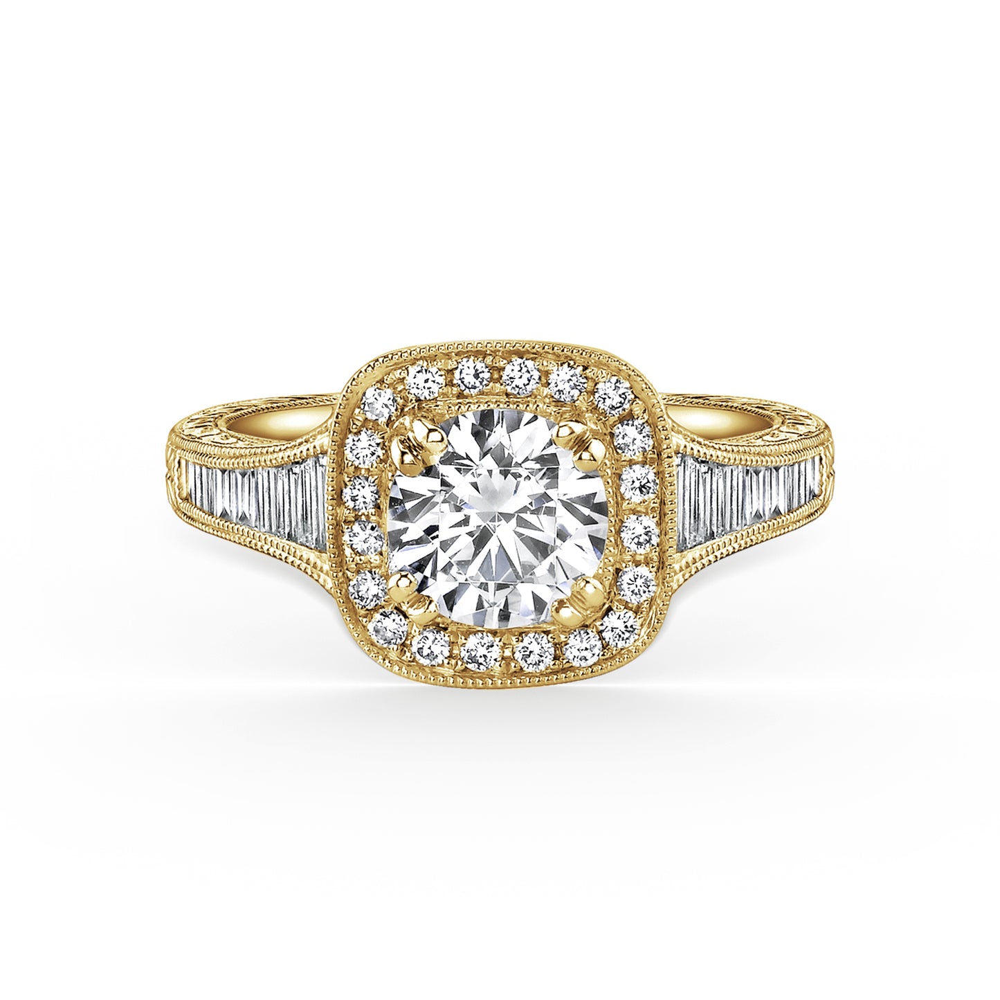 Baguette Halo Diamond Engraved  Engagement Ring