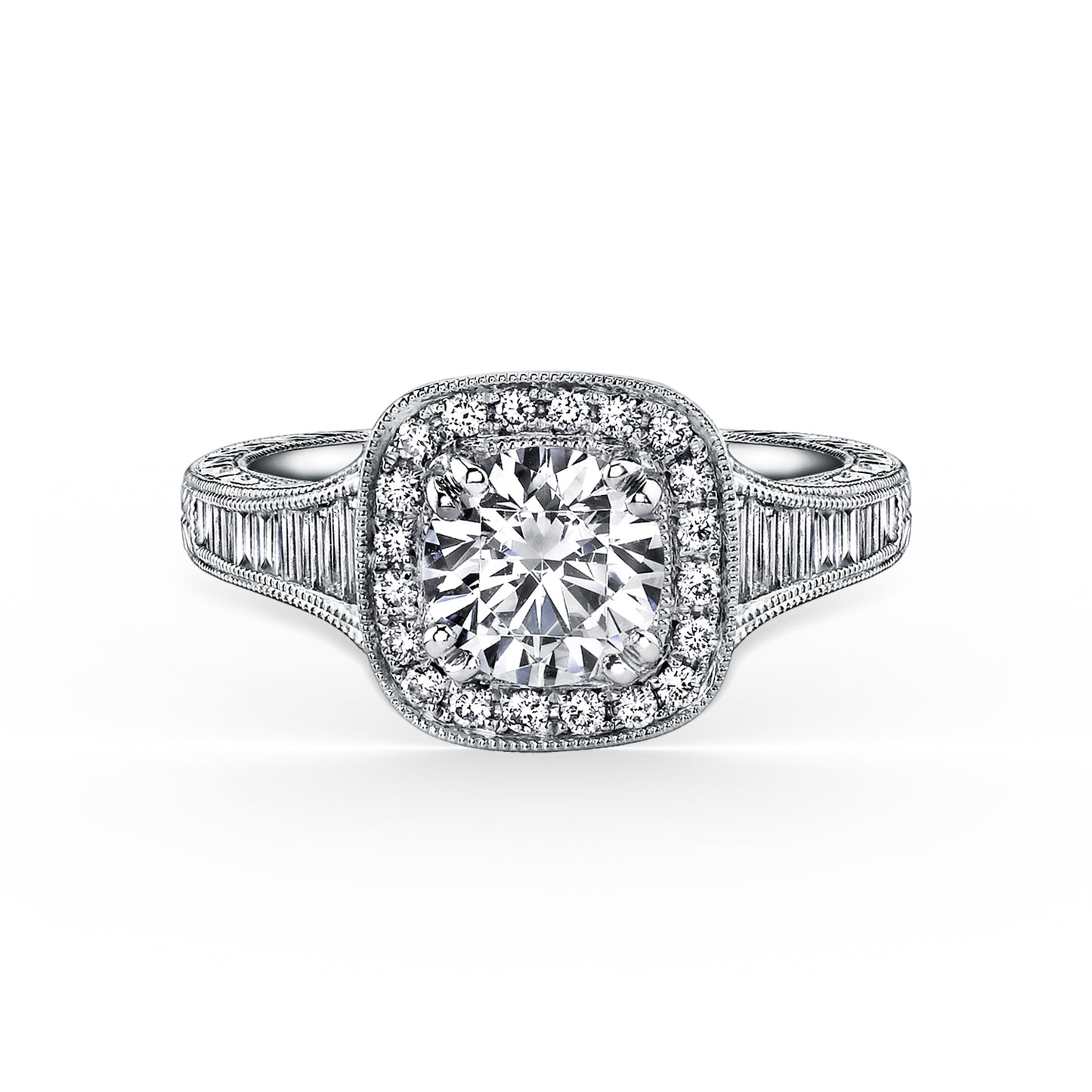 Baguette Halo Diamond Engraved  Engagement Ring