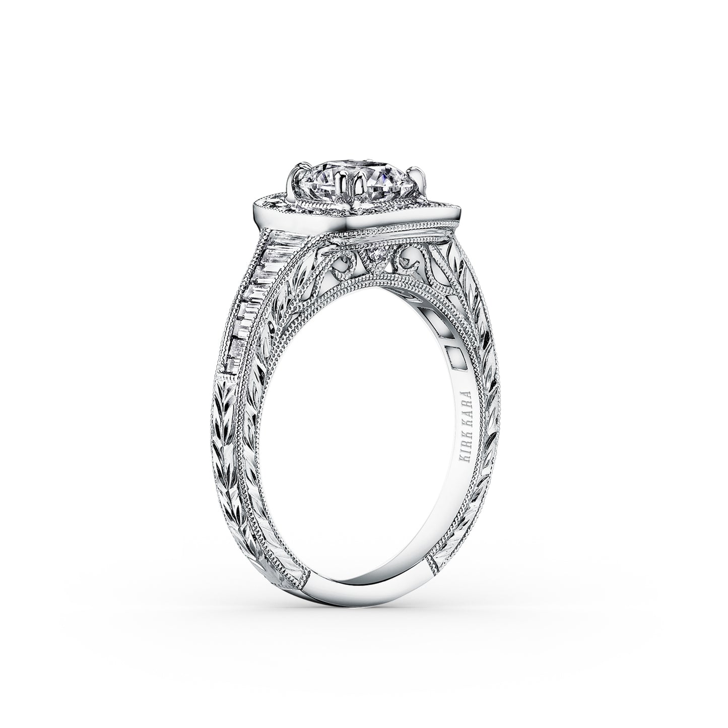 Baguette Halo Diamond Engraved  Engagement Ring