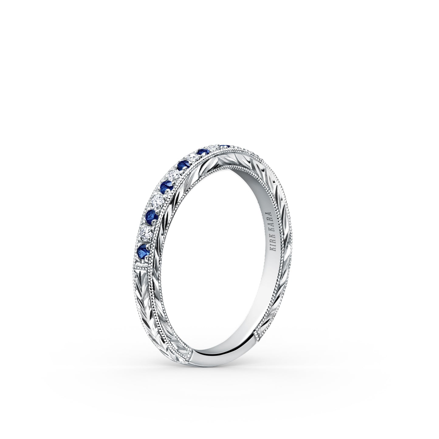 Engraved Blue Sapphire Diamond Wedding Band
