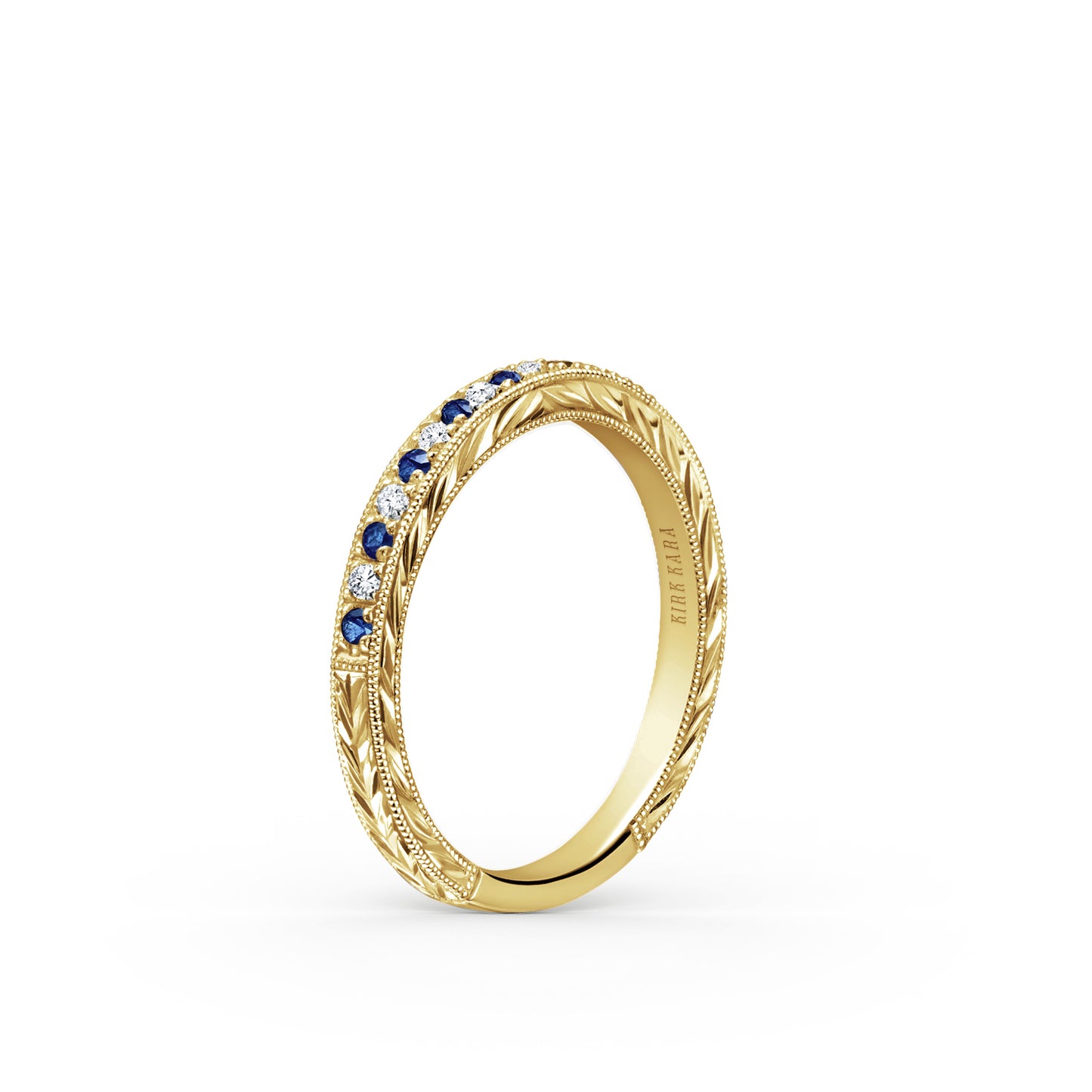 Engraved Blue Sapphire Diamond Wedding Band