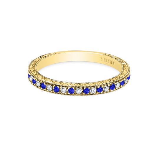 Engraved Blue Sapphire Diamond Wedding Band