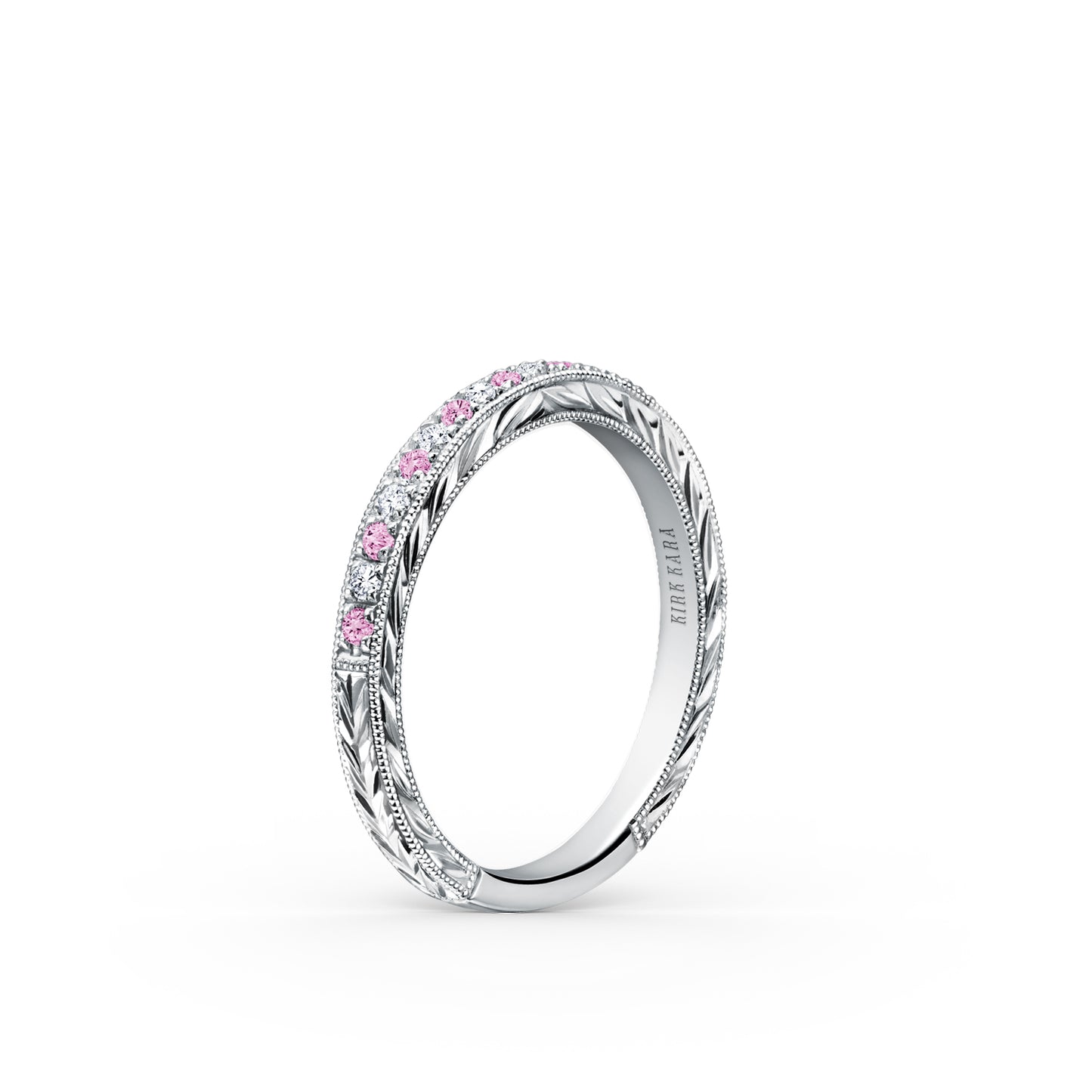Engraved Pink Sapphire Diamond Wedding Band
