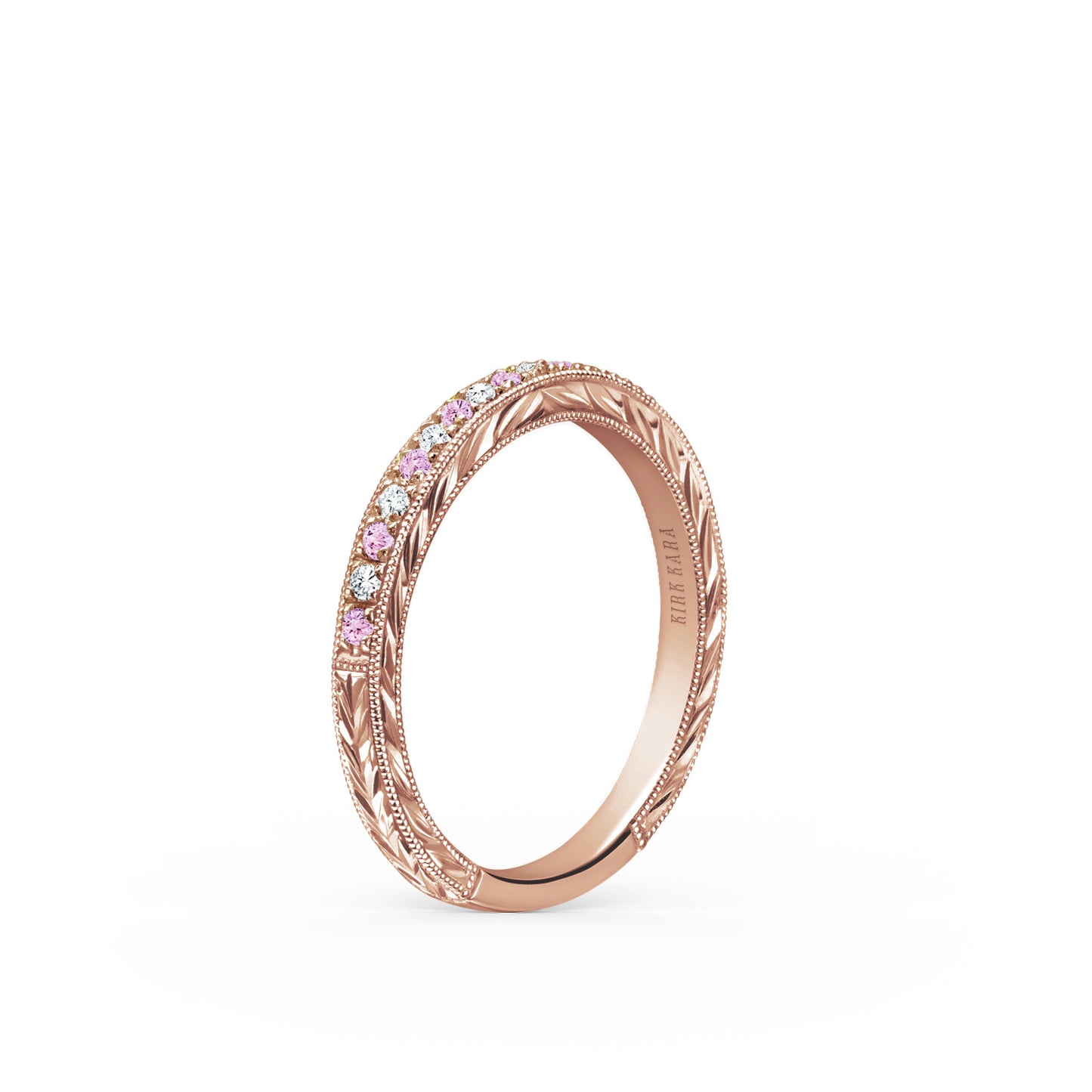 Engraved Pink Sapphire Diamond Wedding Band