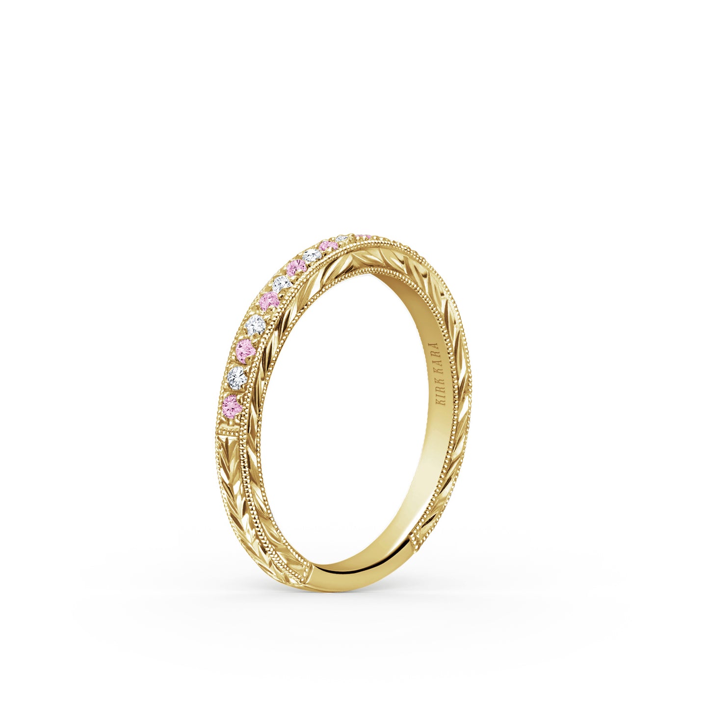 Engraved Pink Sapphire Diamond Wedding Band