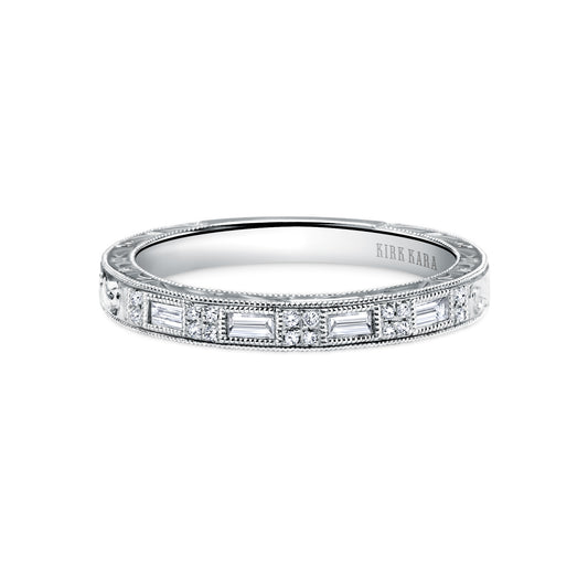 Baguette Diamond Scroll Engraved Wedding Band