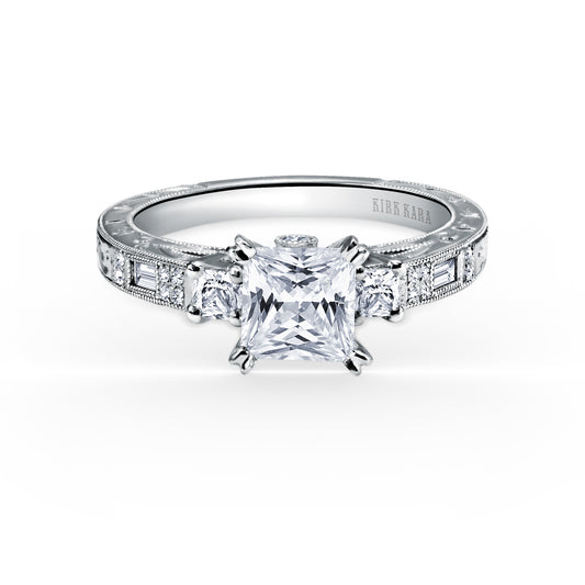 Deco Three Stone Engraved Diamond Engagement Ring