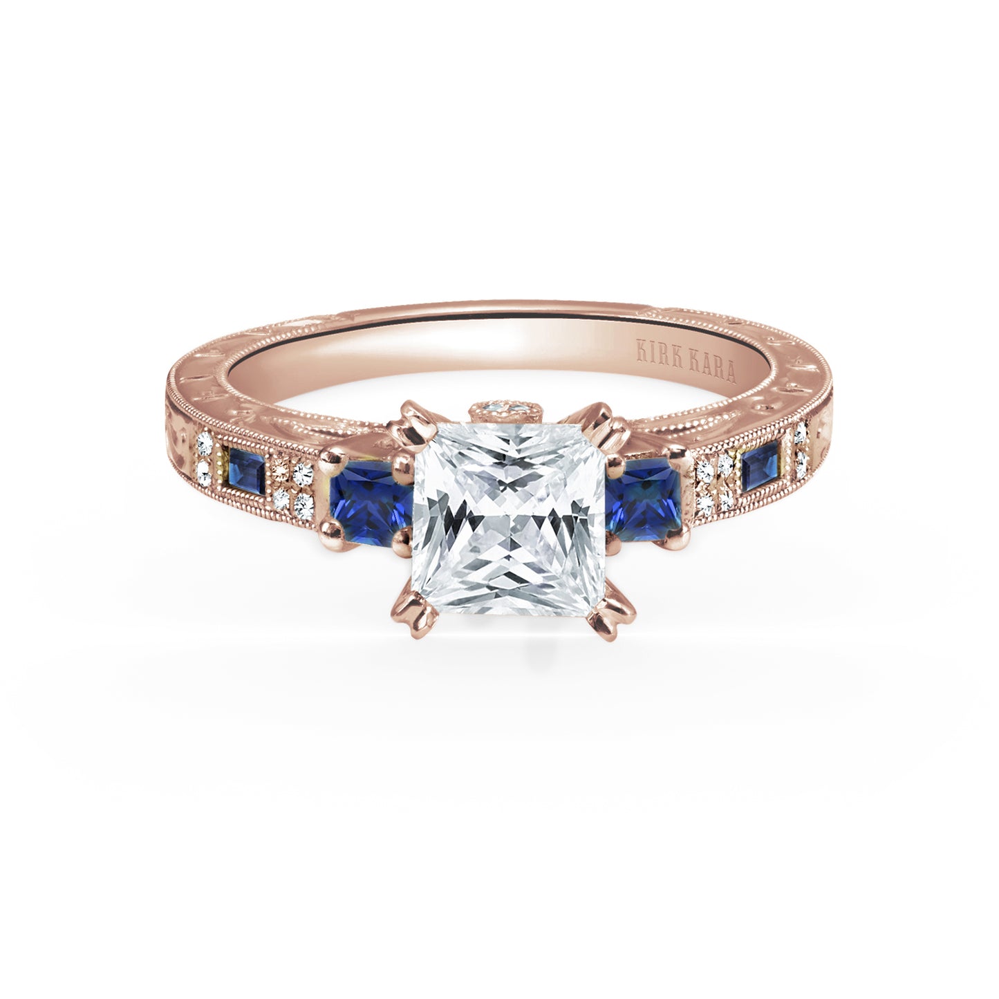 Deco Three Stone Blue Sapphire Diamond Engagement Ring