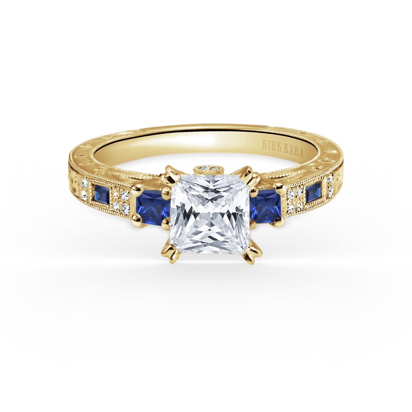 Deco Three Stone Blue Sapphire Diamond Engagement Ring