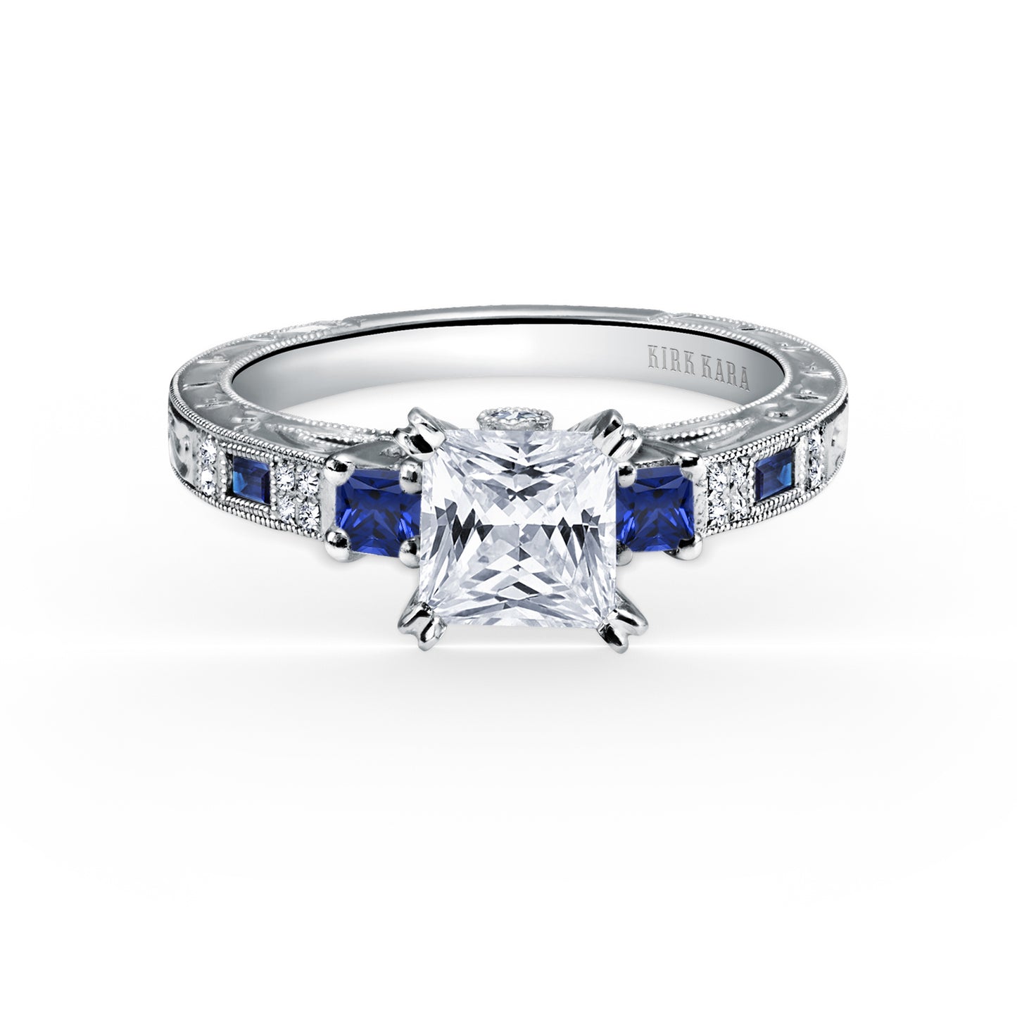 Deco Three Stone Blue Sapphire Diamond Engagement Ring