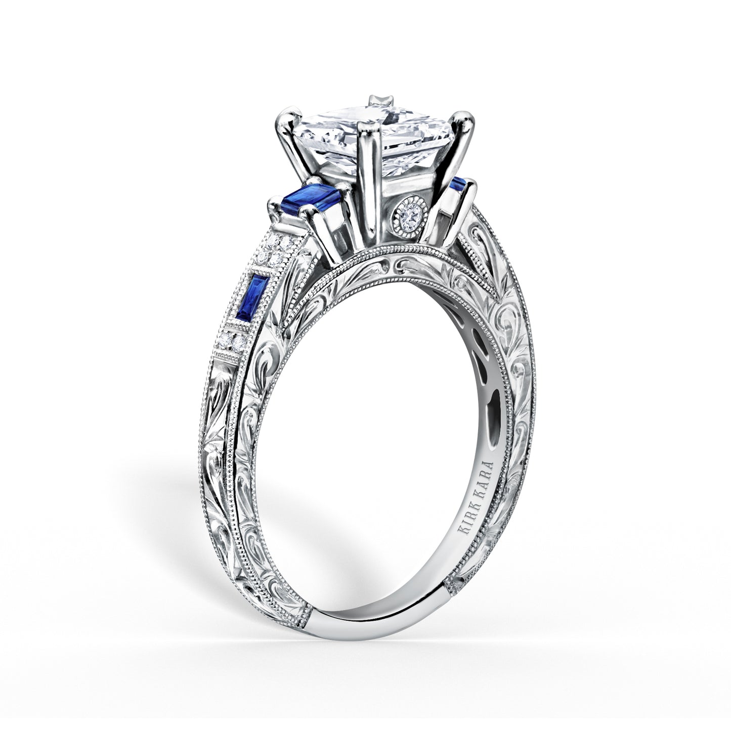 Deco Three Stone Blue Sapphire Diamond Engagement Ring