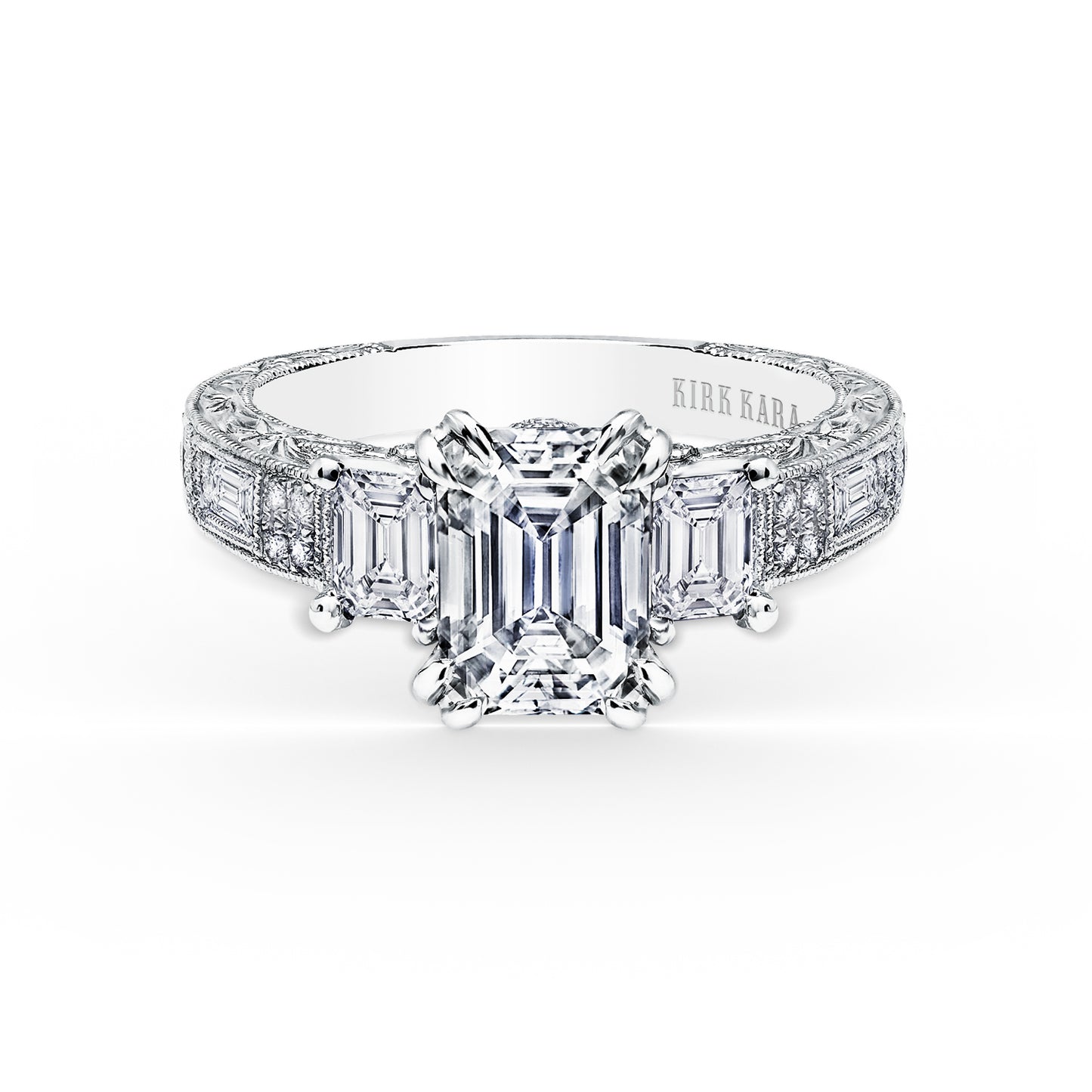 Deco Three Stone Engraved Baguette Diamond Engagement Ring