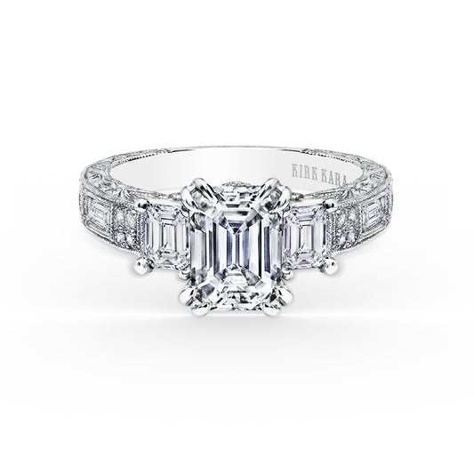 Deco Three Stone Engraved Baguette Diamond Engagement Ring